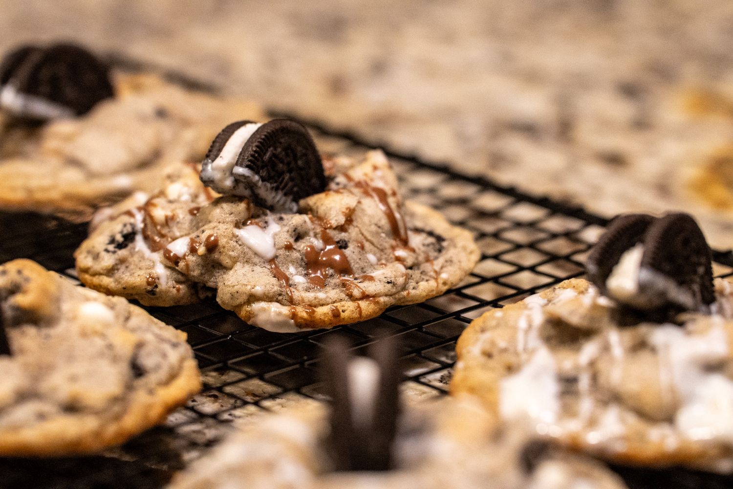 Cookies and cream cookie with a double chocolate drizzle